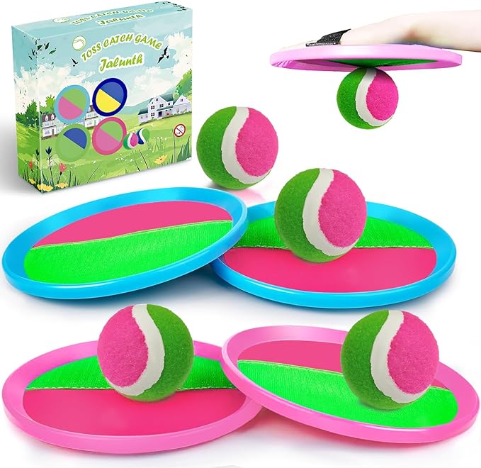 Jalunth Ball Catch Set Games Toss Paddle - Beach Toys Back Yard Outdoor Pool Backyard Camping Throw Age 3 4 5 6 7 8 9 10 11 12 Years Old Boys Girls Kids Adults Family Pink Blue Gifts 2 Pack-CubbioJoy