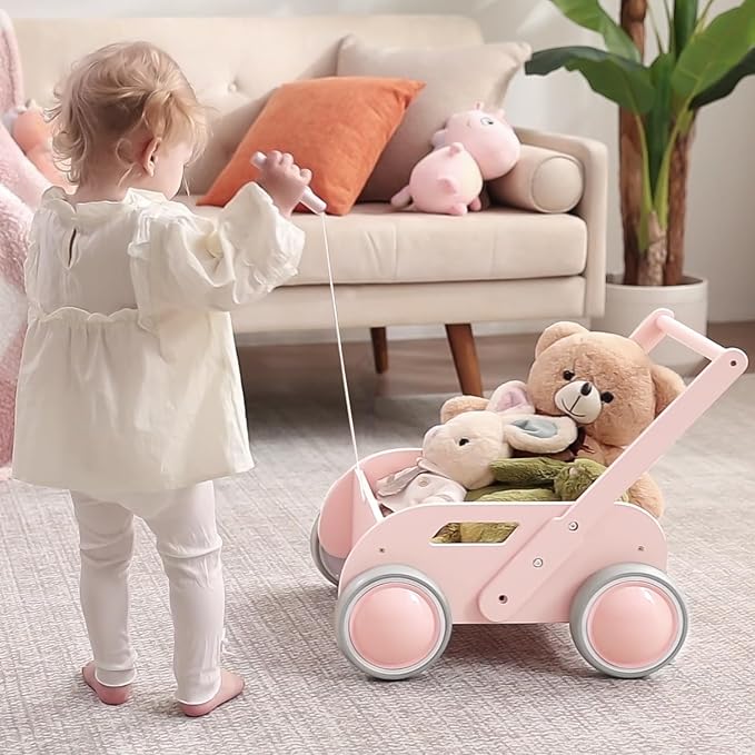 2025 HOMEKOL Wooden Baby Walker,Baby Push Walker, Adjustable Speed Baby Walker for Boys and Girls, Baby Activity Center, Gift for Birthday, Christmas and New Year Nature Pink-CubbioJoy