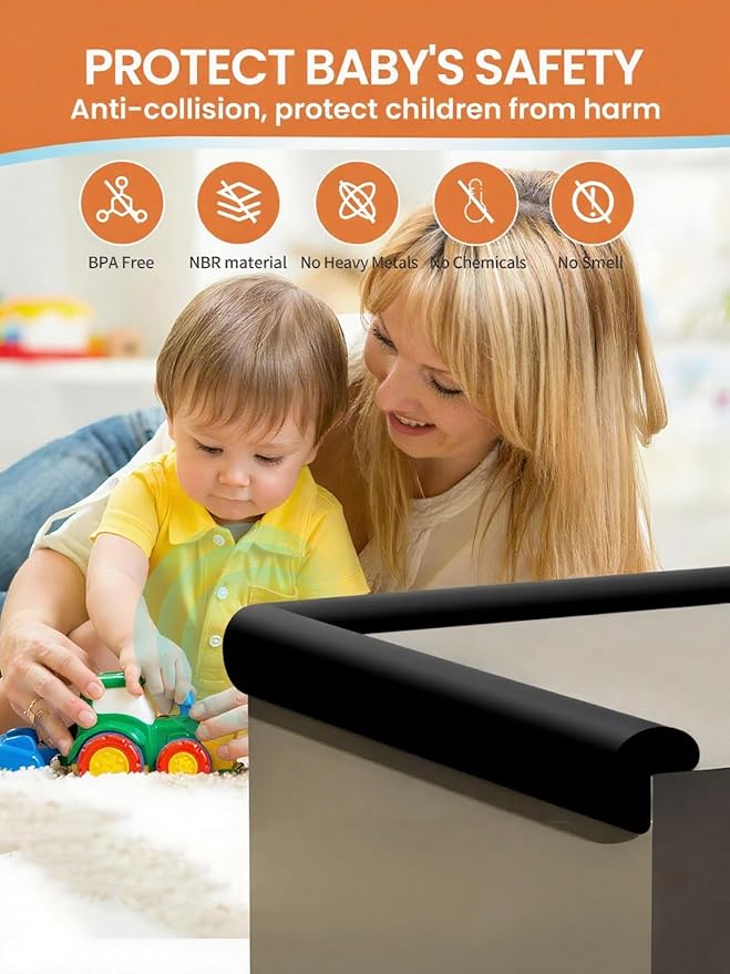 Baby Proof Edge Corner Protector, 6.56FT 0.47''Th L-Shape Furniture Corner & Edge Safety Bumpers with 6 Corners, Pre-Taped, Soft NBR Rubber Foam Desk Edge Cushion Wall Corner Protector（Black）-CubbioJoy