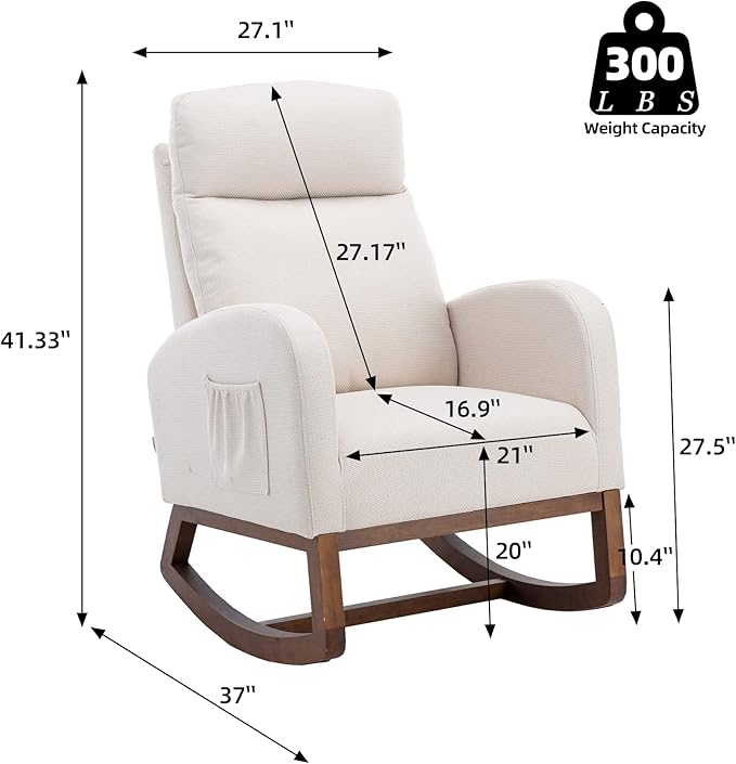 Dolonm Nursery Rocking Chair for Living Room, Upholstered Mid-Century Modern Nursery Rocking Armchair Tall Back Accent Glider Rocker, Beige-CubbioJoy