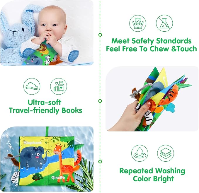 Baby Soft Cloth Crinkle Books Early Education Interactive Stroller Car Seat Sensory Toys with Tails Newborn Development Gifts for 0-6 Months Infants Toddler Baby Boys Girls(Jungle & Farm)-CubbioJoy