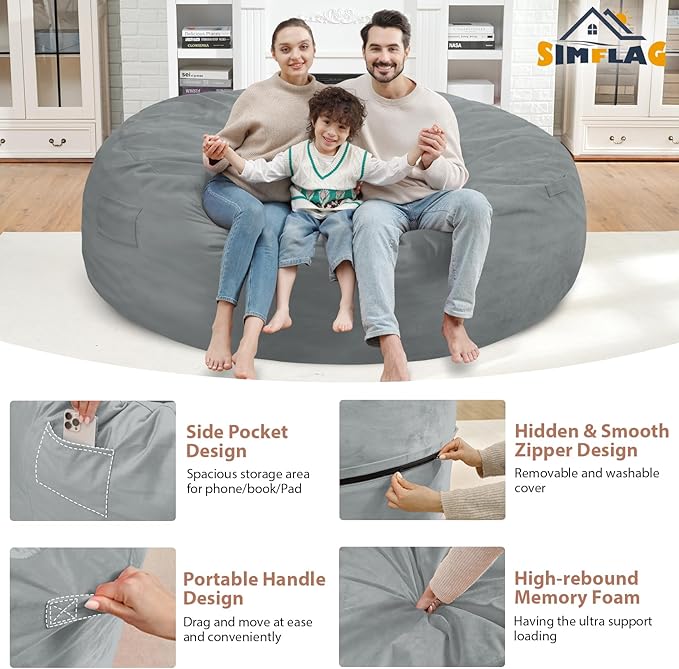 7FT Bean Bag Chair, Large Bean Bag Chairs with Memory Foam Filled, Fluffy Beanbag Sofa with Dutch Velvet Cover, Round BeanBag Chairs for Living Room, Playroom - Light Grey-CubbioJoy