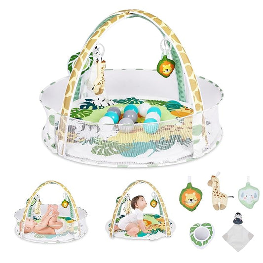 Baby Play Mat, 4-in-1 Baby Play Gym Tummy Time Mat with Ball Pit and 5 Detachable Toys for Newborn to Develop Sensory Exploration and Motor Skill 0-6-12 Months-CubbioJoy