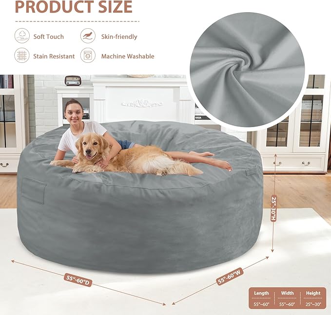 6FT Bean Bag Chair, Large Bean Bag Chairs with Memory Foam Filled, Fluffy Beanbag Sofa with Dutch Velvet Cover, Round BeanBag Chairs for Living Room, Playroom - Light Grey-CubbioJoy