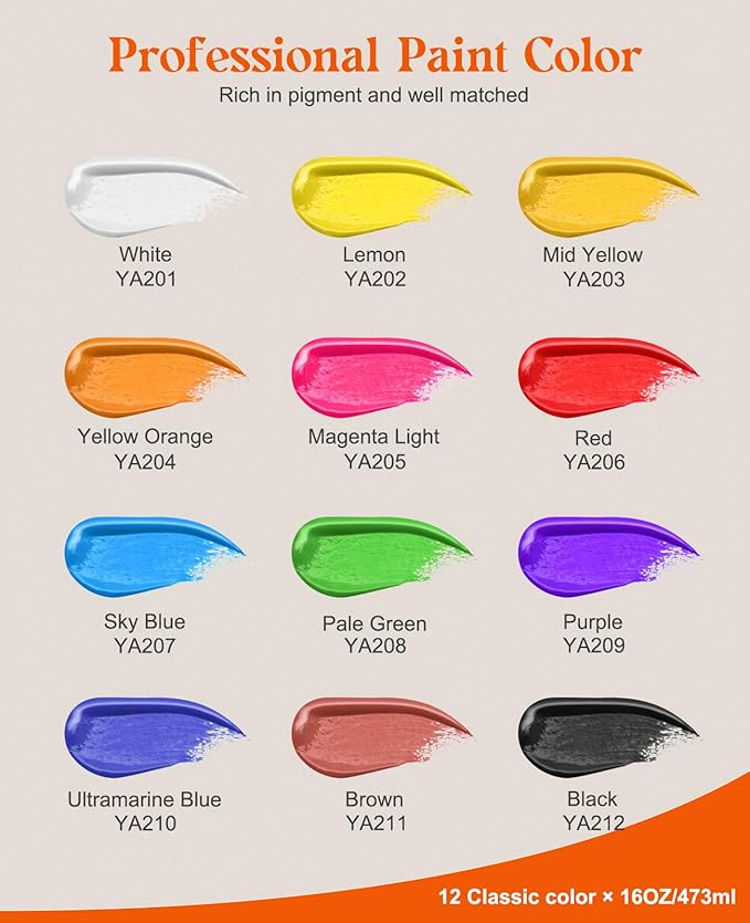 Acrylic Paint Set, 12 Colors Acrylic Paint Large Bottle Set, 16OZ Each, Rich Pigmented Canvas Paint, Premium Non-toxic Paints for Artists, Acrylic Paint Set for Kids & Adults, Art Supplies for Canvas-CubbioJoy