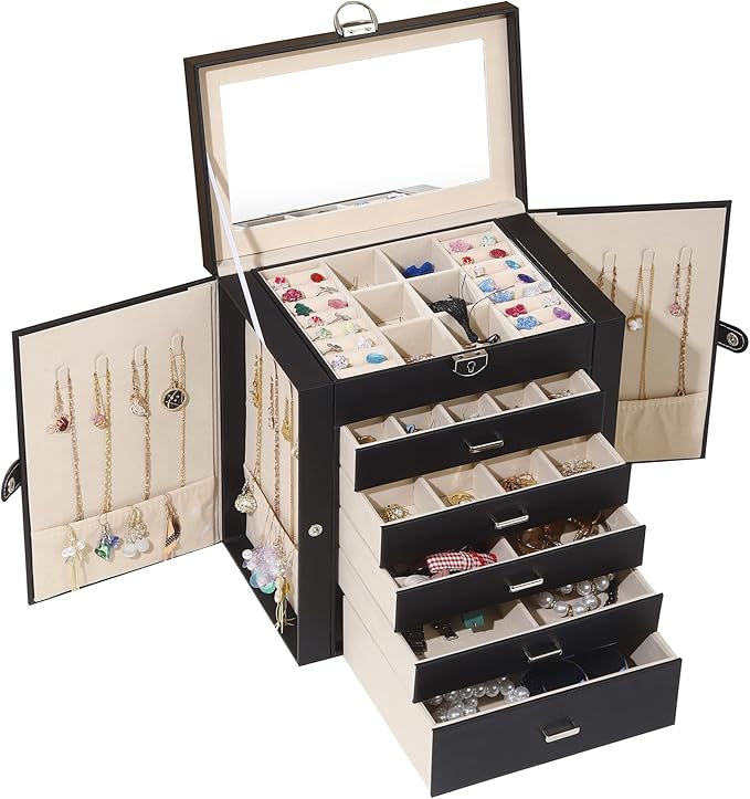 BOOVO Jewelry Box For women, 6 Layer Large Jewelry Organizer With Mirror, Multi-Function Storage Box With Lock, Accessory Holder With 5 Drawers, For Earrings Necklace Ring Bracelet (Black)-CubbioJoy