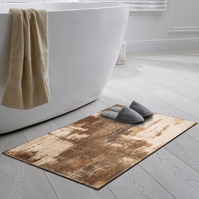 Kelarea 2x3 Brown Entryway Rug, Washable Abstract Small Rugs Non-Slip Low Pile Throw Rugs for Kitchen Floor, Front Door, Bedroom Bedside-CubbioJoy