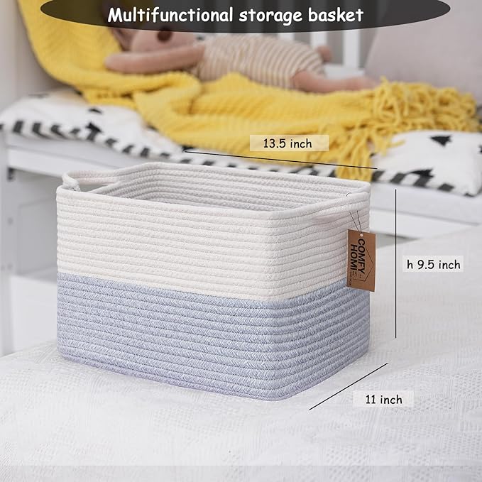 COMFY-HOMI 3PACK Cotton Rope Square Baske with Handles for Shelves|Dog Toy Baske Bin and Storage|Baby Baske for Gift|Shoe Baske for Organizing|13.5" x 11" x 9.5" for Living Room（White/Blue）-CubbioJoy