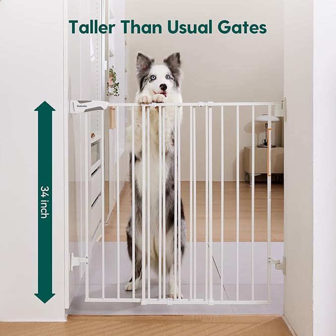 Babelio 34" Extra Tall Baby/Dog Gate with No Threshold Design Walk Thru Door, 26-43" Auto Close Safety Gate for Babies, Elders and Pets, Fits Doorways, Stairs, and Entryways, White-CubbioJoy
