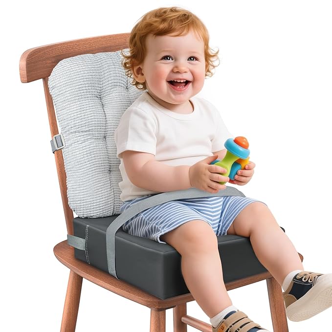 Booster Seat for Kitchen Chair with Comfy Backrest and Adjustable Safety Buckles,Non-Slip Kid Toddler Booster Seat for Dining Table,Portable PU Travel Baby Booster Increasing Cushion Chair-CubbioJoy