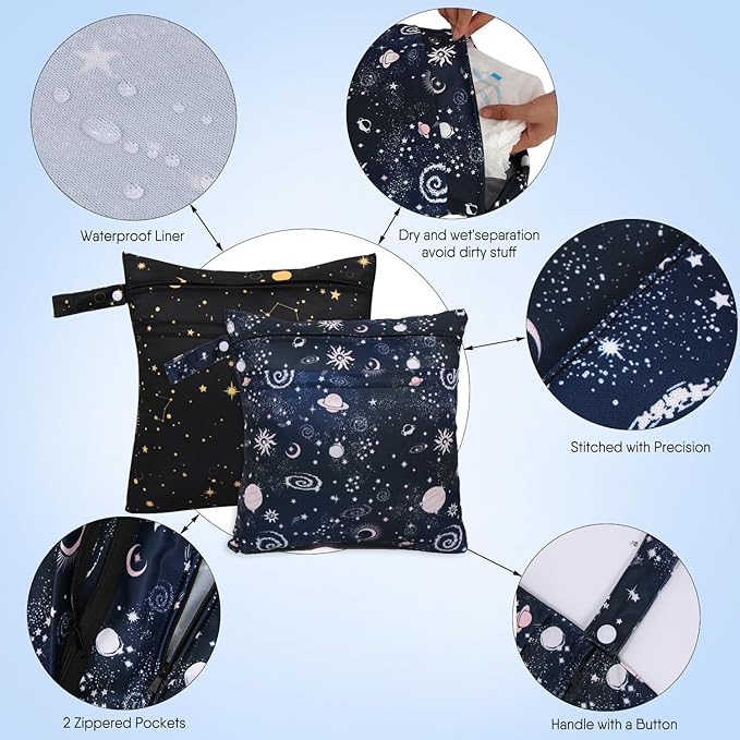 2pcs Cloth Diaper Wet Dry Bags, Waterproof Reusable Wet Bag with 2 Zipper Pockets & Handle, Washable Laundry Bags for Baby Adult Clothes Travel Beach Pool Daycare Yoga Gym Exercise Swimsuits,-CubbioJoy
