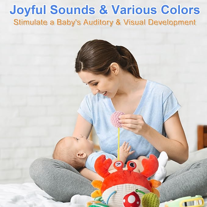 Car Seat Toy for Babies 0-6 Months, Stroller Toy with a Convenient clip, Carseat Toys Hanging Baby Accessories,Built-In Bell, Rattle,Squeaky,Mirror for infant,Babies Gift 0-3-6-12 months Boy Girl-CubbioJoy