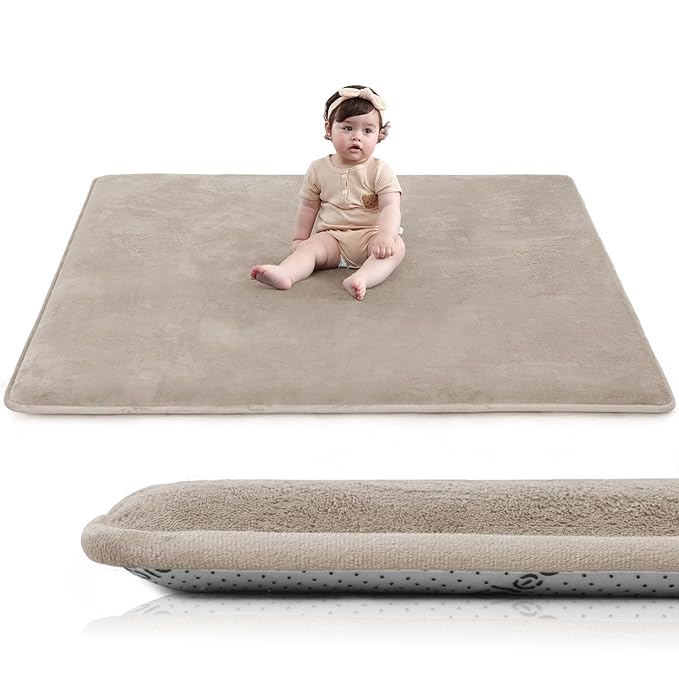 Baby Play Mat for Floor,1.3" Thick Elasti-Foam 50"×50" Playpen Mat for Tummy Time,Water Repellent Soft Coral Velvet for Toddler,Infant,Kids,Non-Slip Backing Safe for Crawling(Beige)-CubbioJoy