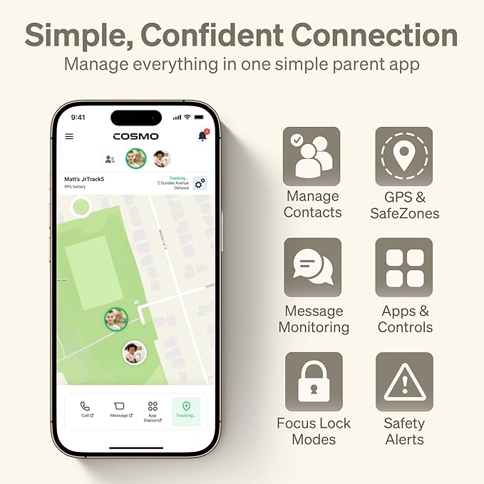 JrTrack 5 Kids Smart Watch by Cosmo | Best Kid-Safe Phone Watch | Precision Real-Time GPS Tracking | Call, Text, Activity, School Settings | Spotify Music | Parental Controls | SOS & Safety Alerts-CubbioJoy