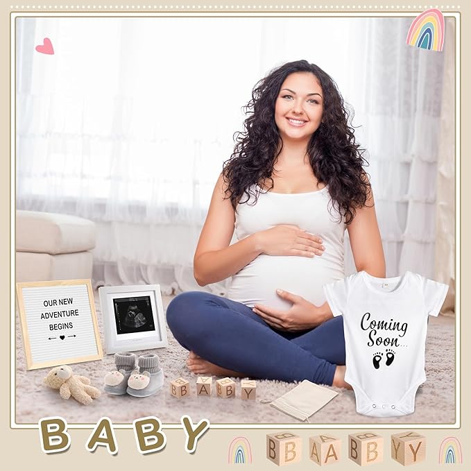 9 Pcs Pregnancy Announcement Set Pregnancy Reveal Ideas Felt Letter Board Baby Bodysuit Baby Booties Photo Frame Bear Plush Baby Wood Blocks for Coming Soon Baby Announcement (White,Bright)-CubbioJoy