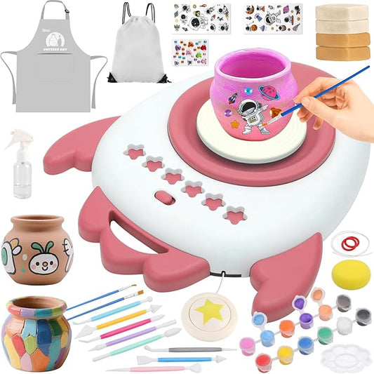 deAO Pottery Wheel for Kids Complete Painting Set for Beginners Mini Pottery Wheel Kit with Air Dry Clay Tools, Arts & Crafts Clay Wheel Toys Birthday Gifts for Girls Boys Age 3+ (Red)-CubbioJoy