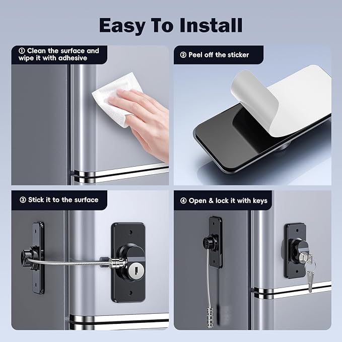 2 Pack Refrigerator Door Lock with Adhesive, No Tools Required, Child Proof Fridge Door Lock for Kids and Pets, Self Adhesive Latch for Freezer, Cabinets, Drawers, Air Oven, Windows (Patent)-CubbioJoy