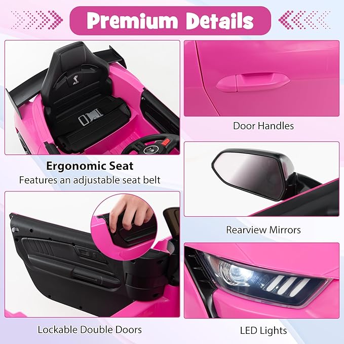 Costzon Ride on Car, 12V Licensed Ford Mustang Shelby GT500 Kids' Electric Vehicles w/Remote Control, USB Port, Radio, Music, Player, High Low Speed & Soft Start, Racing Kids Car for Toddlers (Pink)-CubbioJoy