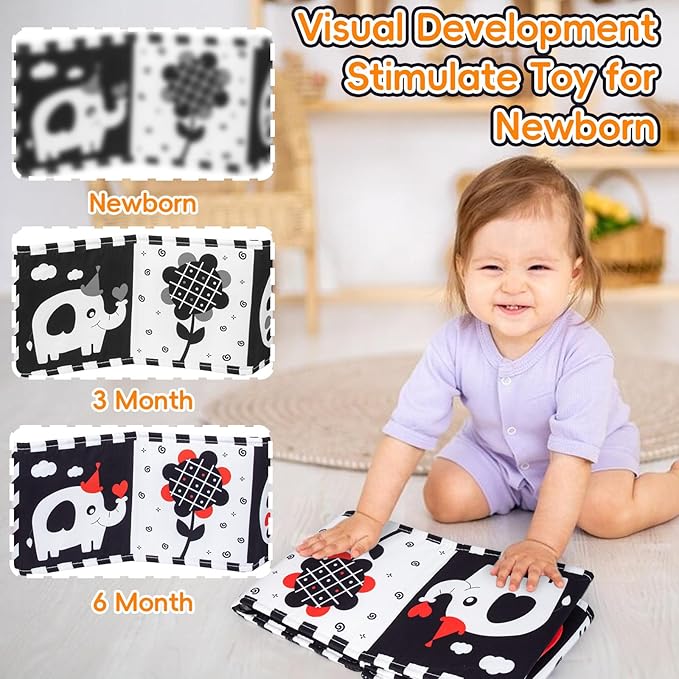 Cawgug Black and White High Contrast Baby Toys for Newborn Brain Development Tummy Time Soft Book Babies 0-3 6-12 Months Montessori Learning Activities Infant and Sensory Visual Stimulation Toys-CubbioJoy