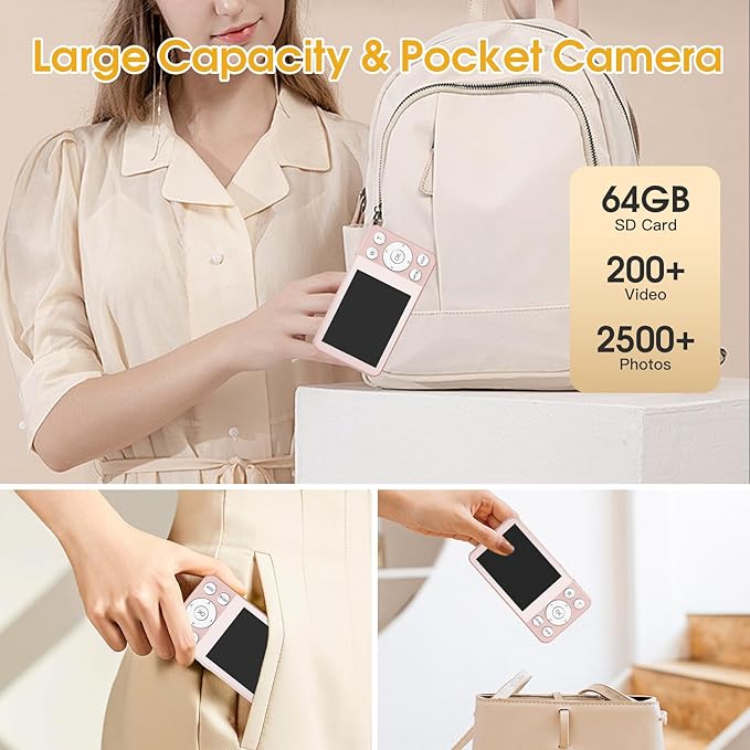 4K Digital Camera for Teens, FHD 64MP Digital Camera for Kids with 64GB SD Card, 18X Digital Zoom Cameras for Photography, Point and Shoot Video Camera for Kids, Pink-CubbioJoy