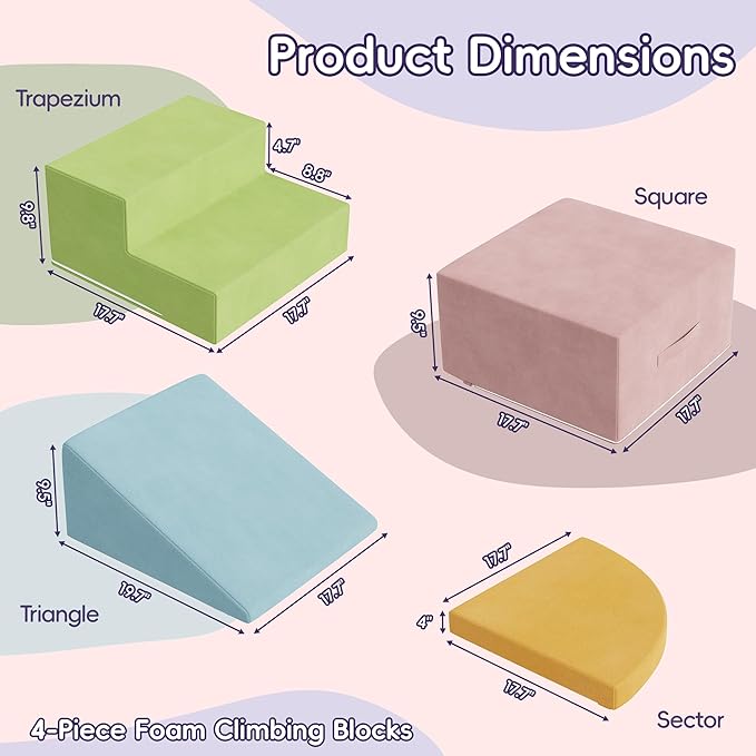 4 Piece Foam Climbing Blocks for Toddlers, Baby Climbing Gym with Ultra High Density Foam for Crawling and Sliding, Indoor Soft Play Set for Infant, Babies & Kids - Multicolor (Multicolor A, 4-Piece)-CubbioJoy