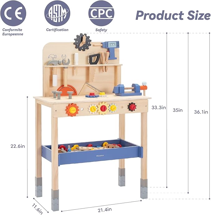 69‑Piece Wooden Kids Tool Bench – Montessori Toddler Workbench with Pretend Power Drill, Clock & Storage Shelf – STEM Construction Play Set for Boys & Girls Ages 3‑5-CubbioJoy