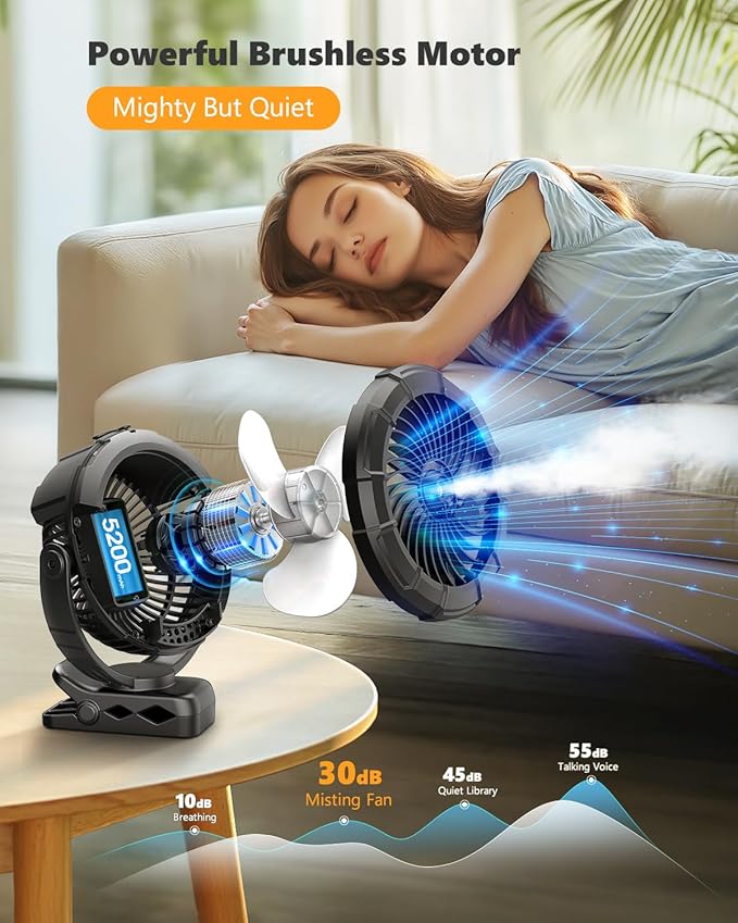 Ausic 3-in-1 Portable Clip on Fan with Misting & LED Lights & Hook, 100ML Baby Stroller Fan, 5200mAh Rechargeable Battery Operated & 360° Rotation & 3 Speeds for Table Outdoor Travel Camp Golf Cart-CubbioJoy