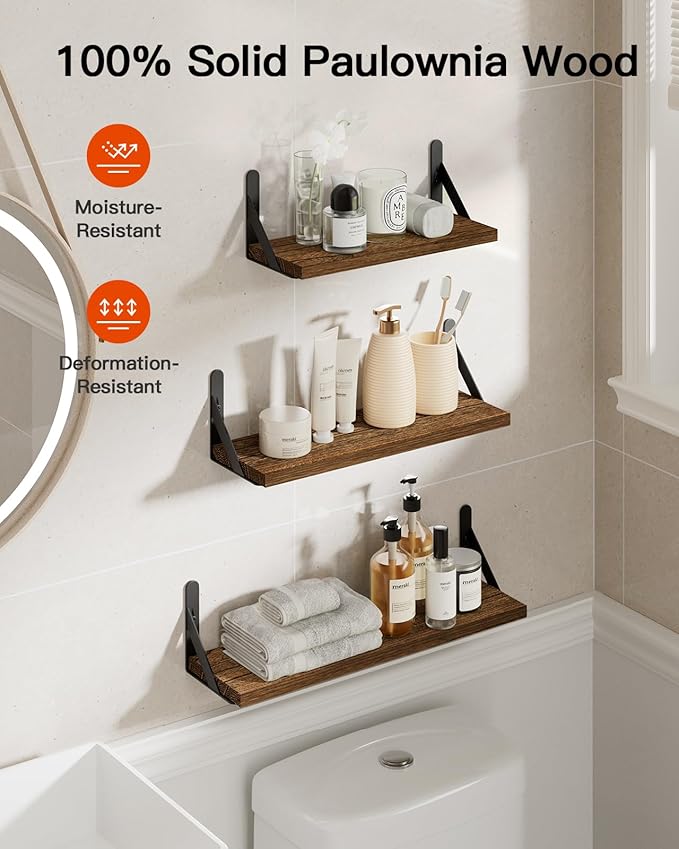 AMADA HOMEFURNISHING Wall Shelves Set of 6, Rustic Farmhouse Floating Shelves for Bedroom, Bathroom & Living Room, Brown Wood-CubbioJoy