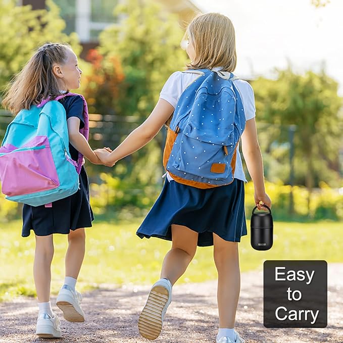 17 oz Insulated Lunch Containers, Black, Vacuum Stainless Steel Thermo Lunch Box with Handle and Folding Spoon for School, Office, Travel-CubbioJoy