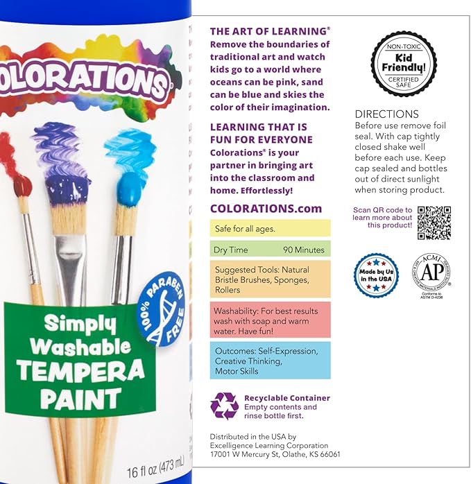 Colorations Paraben-Free Simply Washable Tempera Paint, Rainbow Plus 8 Pack, Matte Finish, Classroom Supplies, Vibrant Colors, Non-Toxic, Washes Off Easily, School, Craft, Art Supply Set, Each 16oz-CubbioJoy