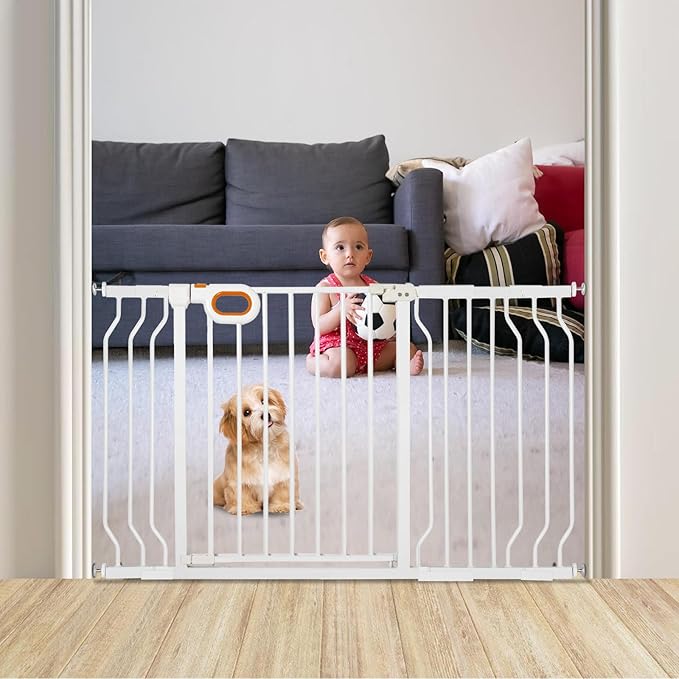 Baby Gate for Stairs 29-52 Inch Wide, Safety Gate for Baby Adjustable Pet Gate with Door Pressure Mounted Gates for Kids Toddler Dogs Extension Kit Indoor Stairway Doorway White (30.5'' Tall)-CubbioJoy