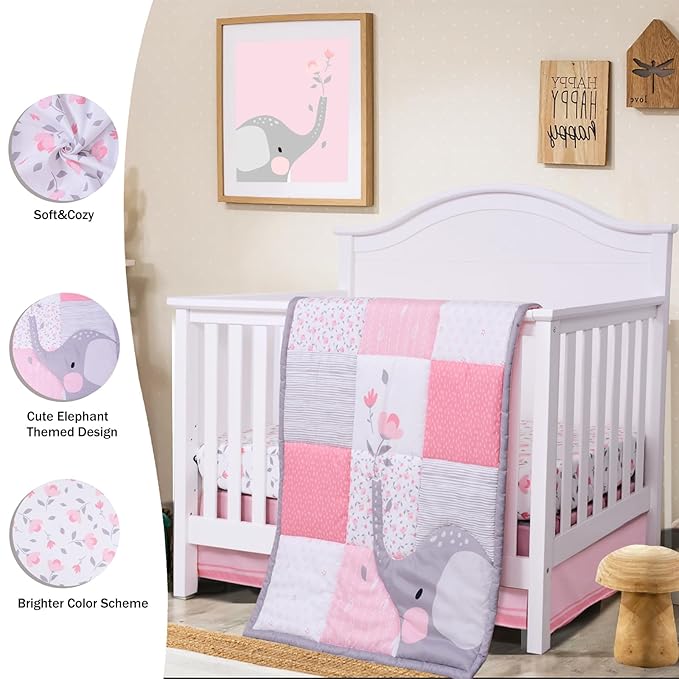 Cloele Elephant Crib Bedding Set for Girls - 3 Piece Baby Bedding Set Includes Comforter Fitted Sheet Crib Skirt - Pink Floral Standard Size Nursery Bedding Set Baby Crib Set for Girls-CubbioJoy