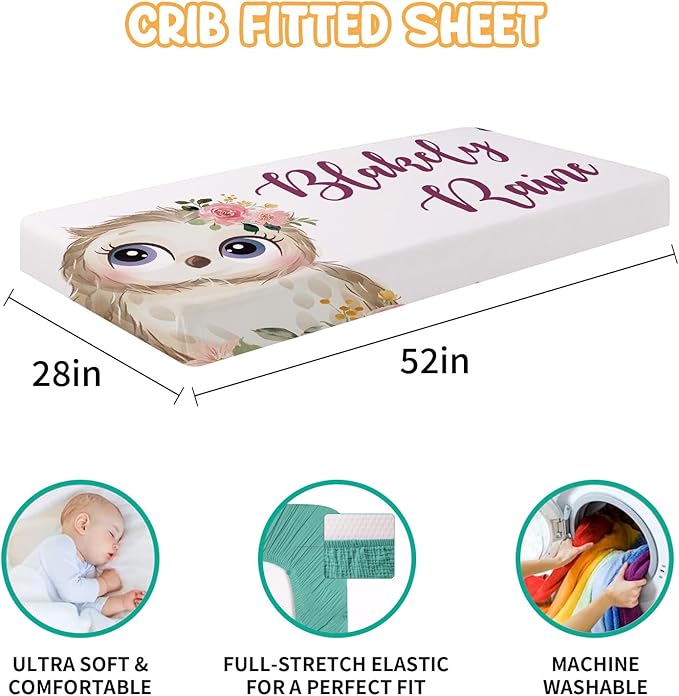 Custom Crib Bedding Set - Owl Design Personalized Name Baby Nursery Bed 3 Pcs Set - Chic Soft Blanket with Dotted Backing, Sheet, Pillowcase for Newborn Girls Boys Gifts Color21-CubbioJoy