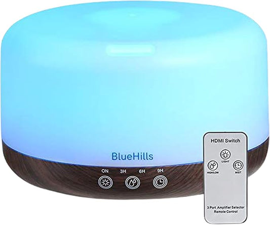 BlueHills Premium 1000 ML Large Essential Oil Diffuser Humidifier for Room Home Aromatherapy Big Capacity Oil Diffuser with Décor LED Lights Long Running Round Diffuser Dark Wood Grain – D002-CubbioJoy