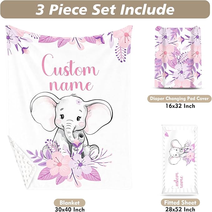 Custom Name Crib Bedding Set - Elephant Theme, Personalized Purple FlowerNursery Bedding 3-Piece Set– Soft Blanket, Fitted Sheet, Changing Pad Cover – for Newborns Girls Nursery Gifts-CubbioJoy