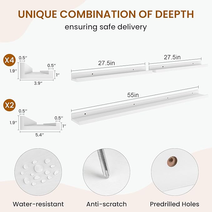 Axeman Picture Ledge Shelf, Floating Shelves for Wall Decor Storage Set of 6, 55 inch Floating Wall Mounted Shelves, Wall Shelves with Lip for Living Room, Bedroom, Nursery, Bathroom, Kitchen, White-CubbioJoy