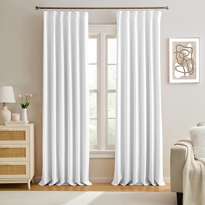 KEQIAOSUOCAI Elegant Pleated Privacy Window Curtain Panels 96 Inches Long, Memory Shape Pinch Pleat Ceiling to Floor Fancy Draperies for Home Office Living Room 40 Inch Wide Each Panel,Set of 2,White-CubbioJoy