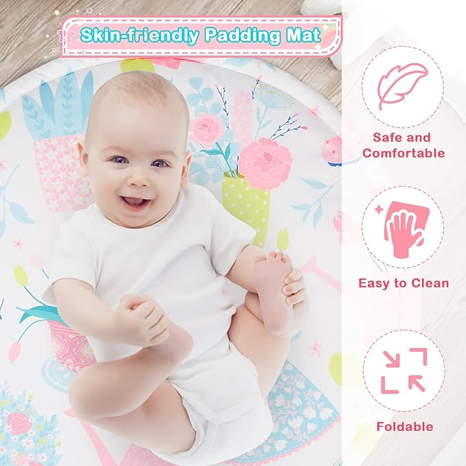 Baby Play Mat, 4-in-1 Baby Play Gym Tummy Time Mat with Ball Pit and 5 Detachable Toys for Newborn to Develop Sensory Exploration and Motor Skill 0-6-12 Months-CubbioJoy