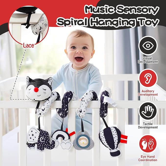 Jollybaby Crib Stroller Car Seat Toys for Baby 0-3-6-9-12 Months, Tummy Time Hanging Sensory Toys for Newborn with Music Box and Teether, Spiral Carseat Toy for Infant Boy Girl Gift (Black and White)-CubbioJoy