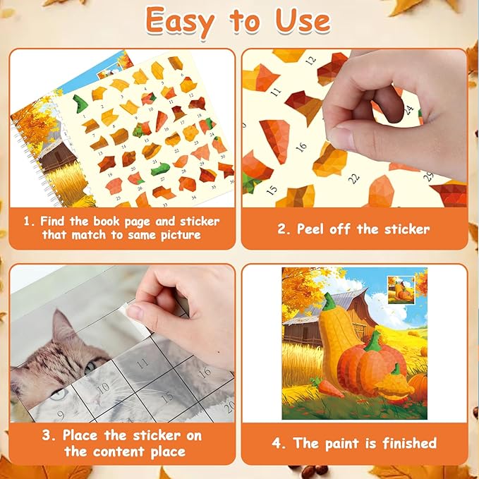 4PCS Thanksgiving Paint by Sticker Books Crafts for Kids Ages 4-8 Fall Sticker by Number Books Activity Book for Kids Age 3-5 Puzzle Book Craft Art Toddler Gift with Turkey Pumpkin 32 Pictures-CubbioJoy