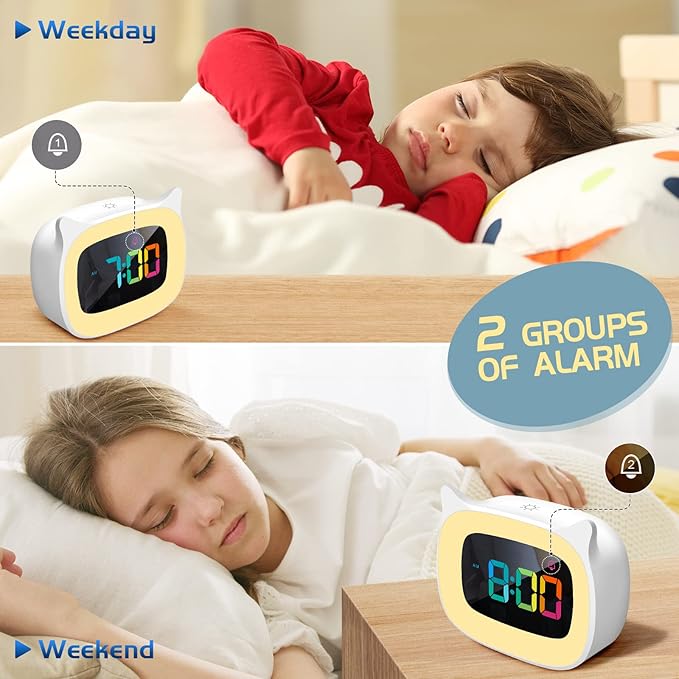 Cute Cat Ear Alarm Clock with RGB 7 Color Night Light & 18 Ringtones,Rechargeable Clock for Kids Bedroom,LED Colorful Digital Display,Bedside Clock for Boys,Girls Birthday Presents(White)-CubbioJoy