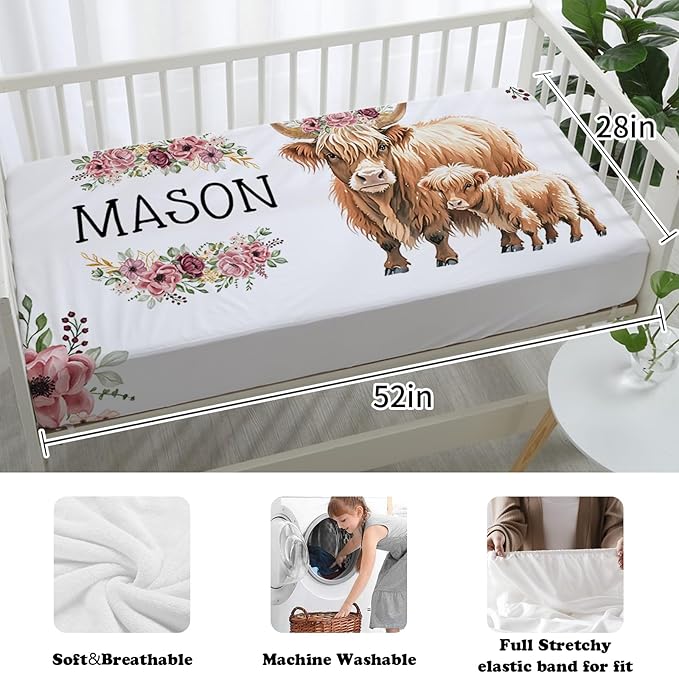 Custom Nursery Crib Bedding Set: Personalized Name 4 Piece Flower Highland Cow Design Baby Crib Sets for Baby Girls - Toddler Double Layer Blanket Set, Comfortable Crib Bed Sheets for Baby Toddlers-CubbioJoy
