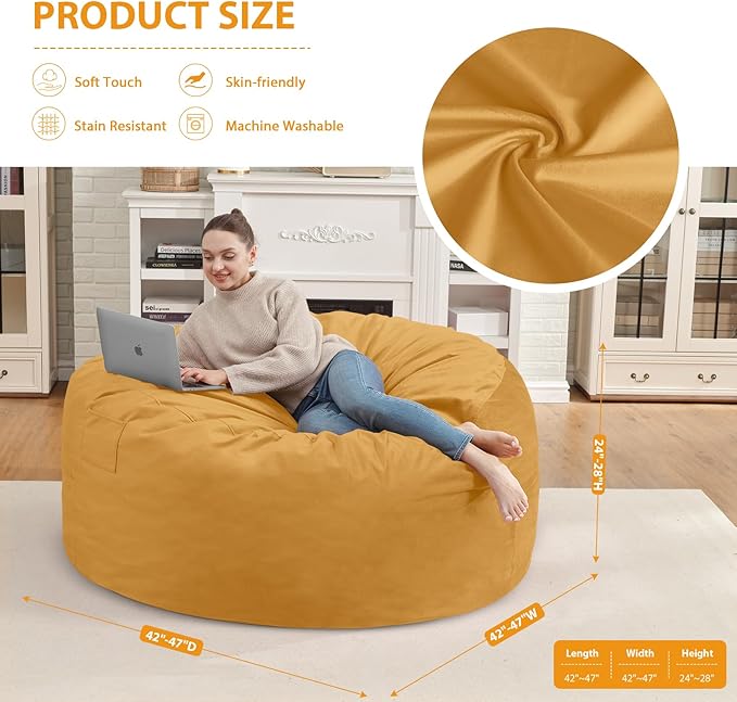 4FT Bean Bag Chair, Large Bean Bag Chairs with Memory Foam Filled, Fluffy Beanbag Sofa with Dutch Velvet Cover, Round BeanBag Chairs for Living Room, Playroom - Mustard-CubbioJoy