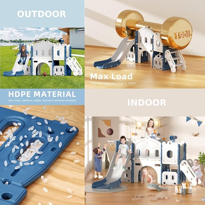 8 in 1 Toddler Slide and Climber Playset Indoor Outdoor Kids Slide with Basketball Hoop,Telescope, Storage Space, Freestanding Backyard Playground for Toddler Age 1-3, Blue-CubbioJoy