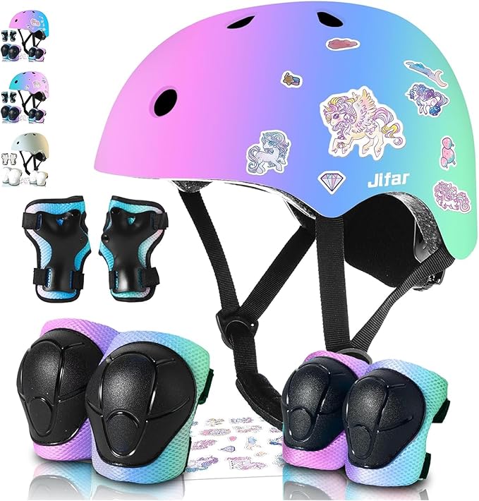 Adjustable Kids Bike Helmet with Knee & Elbow Pads Set, Color Gradient Design for Boys and Girls Aged 3-14+, for Skateboarding, Scooter, Roller & Inline Skating, Longboard-CubbioJoy