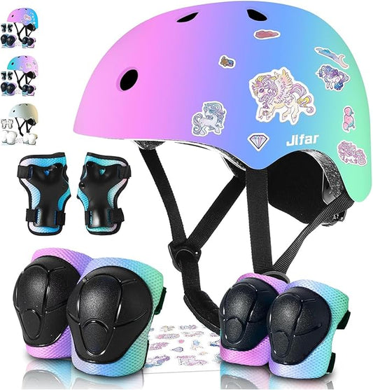 Adjustable Kids Bike Helmet with Knee & Elbow Pads Set, Color Gradient Design for Boys and Girls Aged 3-14+, for Skateboarding, Scooter, Roller & Inline Skating, Longboard-CubbioJoy