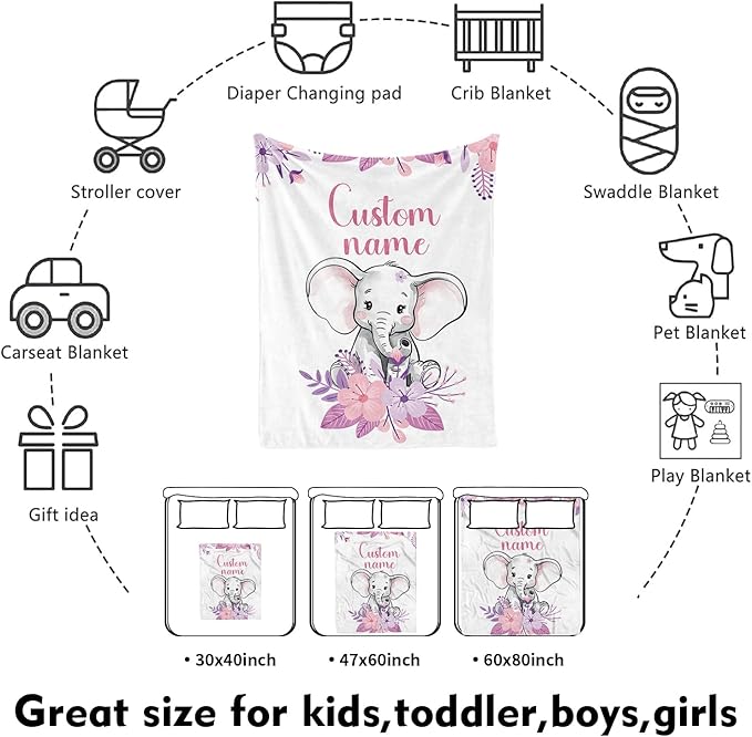 Custom Nursery Crib Bedding Set: Personalized Name 4 Piece Purple Flower Elephant Design Baby Crib Sets for Girls - Toddler Double Layer Blanket Set, Comfortable Crib Bed Sheets for Baby Toddlers-CubbioJoy