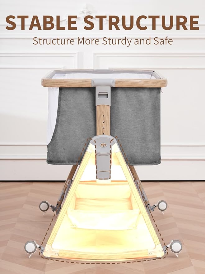 Baby Bassinet Bedside Sleeper - 3 in 1 Bassinets with Waterproof Sheets, Soft Mattress and Breathable Mesh, Adjustable Height Bedside Bassinet for Baby with Wheels, Storage Basket, Gray-CubbioJoy