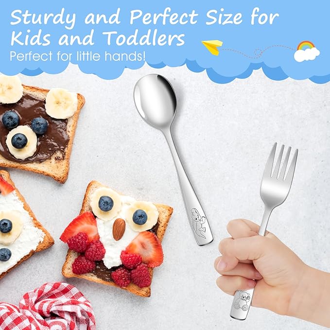 14-Piece Toddler Flatware, Kids Utensils Stainless Steel Cutlery Set, Children Safe Spoons and Forks with Ergonomic Handle, Easy to use and Dishwasher Safe (Crocodile and Bear)-CubbioJoy