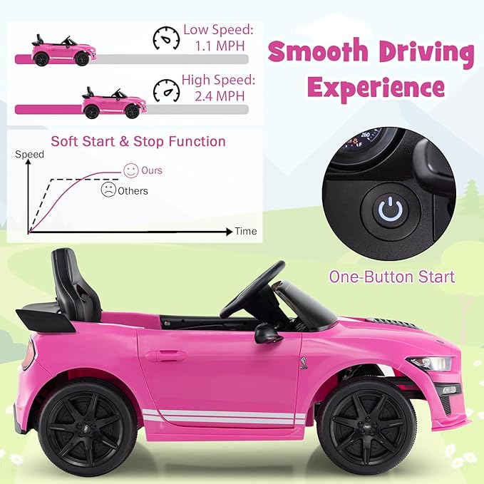 Costzon Ride on Car, 12V Licensed Ford Mustang Shelby GT500 Kids' Electric Vehicles w/Remote Control, USB Port, Radio, Music, Player, High Low Speed & Soft Start, Racing Kids Car for Toddlers (Pink)-CubbioJoy